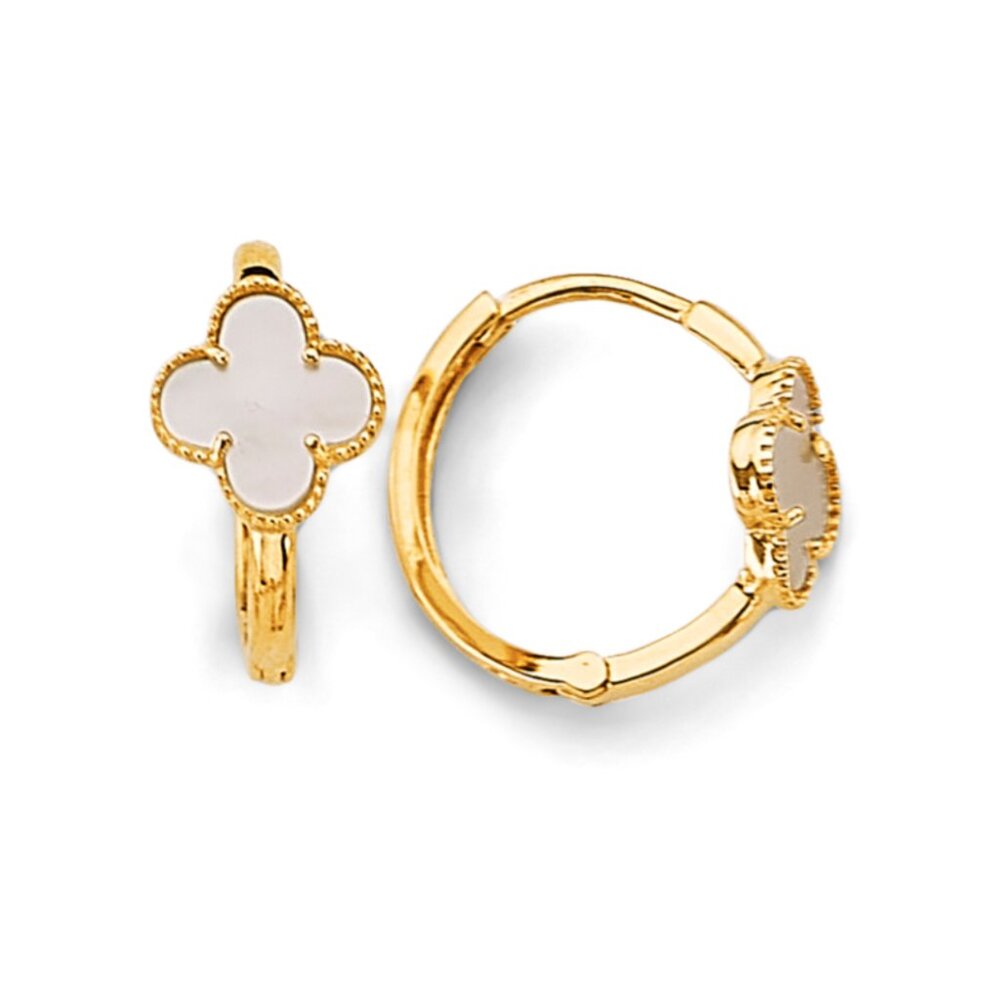 14KT Mother of Pearl Clover Huggies Earrings